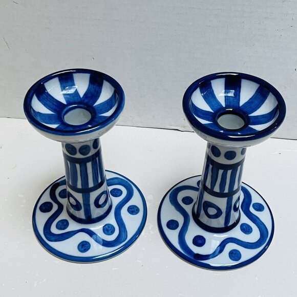 Vintage Dansk Arabesque Blue White Ceramic Candle Holders Set 2 Home Decor
